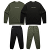 Goblin Jogger Set featuring cozy fleece-lined crewneck sweatshirts and matching joggers in olive green and black colorways, with Chaos Goblin embroidered text on chest and CG logo on pants, shown in flat lay product photography