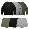 Goblin Suit with Shorts: Ultra Cozy shown in three color combinations - black, heather gray, and olive green crewneck sweatshirts paired with matching shorts. Each sweatshirt features Chaos Goblin text embroidery, while shorts display CG logo. Complete set arranged in a product showcase layout.