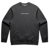 Goblin Suit with Shorts: Ultra Cozy - Charcoal gray crewneck sweatshirt featuring white embroidered CHAOS GOBLIN text centered on chest. Classic athletic style with ribbed collar, cuffs, and hem in heather dark gray cotton blend material.