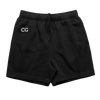 Black athletic shorts from the Goblin Suit with Shorts: Ultra Cozy collection, featuring an elastic drawstring waistband, CG embroidered logo on upper right leg, and rolled cuff hem design in a comfortable casual fit