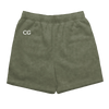 Gob Shorts in olive green cotton with CG embroidery on upper right leg, featuring an elastic waistband and relaxed fit design, showcasing a comfortable knee-length cut and classic silhouette
