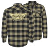 FloydFest Flannel Shirt in olive and black buffalo check pattern, featuring front button closure, dual chest pockets, and a vintage-style festival logo printed on the back. Cozy cotton-poly blend with roll-up sleeve functionality.