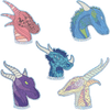 Glitter Foil Dragon Sculptures Sticker Pack featuring five colorful dragon head designs in pink, blue, turquoise, purple, and pastel rainbow colors, each with intricate scale patterns and decorative details. Die-cut stickers showcase detailed artistic illustrations of mythical dragon portraits in a whimsical style.