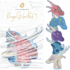 Glitter Foil Dragon Sculptures Sticker Pack #1 featuring five beautifully detailed dragon head stickers in pink, blue, purple, and golden colors with intricate patterns and textures. Each sticker showcases unique dragon designs with ornate horns and scales in a vertical arrangement.