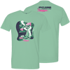 Kyles Corner Feline Weird Tee featuring a whimsical cartoon cat mixing drinks at a retro-style bar, illustrated in mint green, pink, and dark blue colors on a Bella + Canvas mint t-shirt. Front and back view showing distinctive bar scene artwork and brand logo.