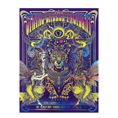 String Cheese Incident Lord of Dreams foil poster featuring a mystical tiger adorned in ornate patterns, surrounded by vibrant purple and gold psychedelic art with ethereal fairy figures and decorative elements in an Art Nouveau style frame