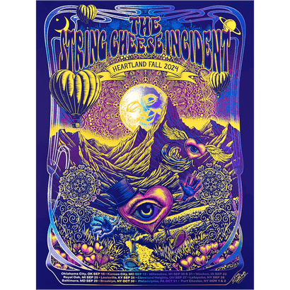 Limited edition String Cheese Incident Heartland Fall 2024 tour poster featuring psychedelic artwork with hot air balloons, celestial elements, and mystical landscapes in vibrant blue, purple, and gold foil. Signed by artist Paul Dempsey.
