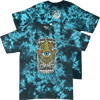 Tie-dye t-shirt with graphic design and brand logo on a black background