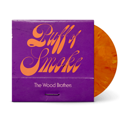 Puff of Smoke vinyl album in creamsicle orange color with purple cover sleeve showing stylized retro typography