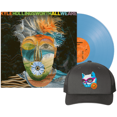 Kyle Hollingsworth All We Are album on blue vinyl with a charcoal trucker cat hat featuring colorful embroidery