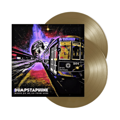 Dumpstaphunk album cover featuring a vibrant streetcar scene with cosmic elements, alongside two gold vinyl records for