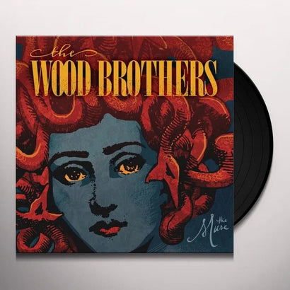 Vinyl album cover for The Wood Brothers The Muse featuring stylized blue face with red hair snakes design