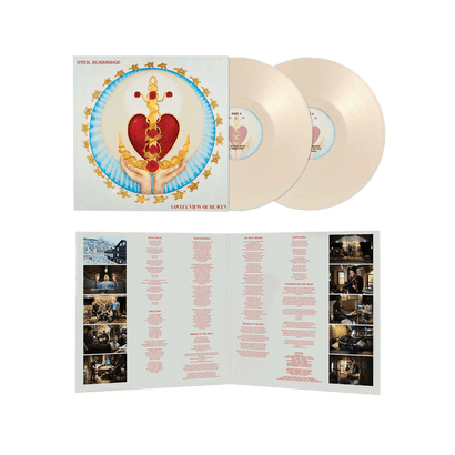 Lovely View of Heaven double LP in opaque bone vinyl, featuring album cover art with heart and flame imagery, and open gatefold displaying track listing and studio photos