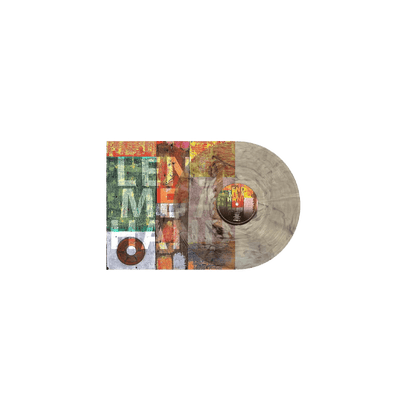 Clear smoke vinyl record of 'Lend Me A Hand' album featuring abstract album artwork with distressed typography in green, orange, and red tones against a textured background, displayed with visible vinyl disc and center label.