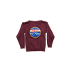 Mountain Hoodie in burgundy featuring a circular mountain scene logo with vibrant blue and orange colors on the back. Zipper-front sweatshirt with fleece interior and drawstring hood, displayed flat against white background.