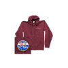 Burgundy Mountain Hoodie with full zipper featuring a small mountain outline design on chest and circular mountain logo patch with blue and orange accents on bottom left corner, displayed on white background