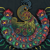 SCI Peacock Tapestry featuring a vibrant, psychedelic-style peacock design with ornate tail feathers in rainbow colors against a dark background. The peacock's plumage displays intricate swirls and patterns with glowing eye-like designs in red, green, yellow, and blue tones.