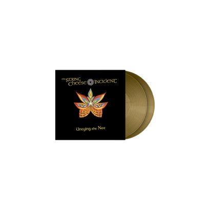 Untying The Not 180gm Double Gold Vinyl LP featuring psychedelic Cosmic Elf album artwork by Alex Grey on black background. Two gold-colored vinyl records displayed beside album cover showcasing intricate orange and blue geometric lotus design.