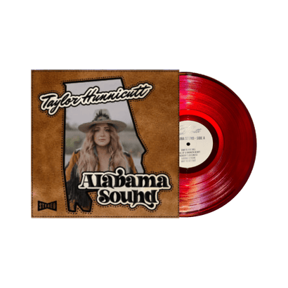 Limited edition 'Alabama Sound' vinyl record by Taylor Hunnicutt in vibrant Roll Tide Red, featuring album cover with artist's image and state-shaped design, showcasing the debut country music collection