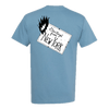 Light blue t-shirt featuring a stylized black and white