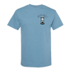 Light blue t-shirt with small hourglass graphic and text