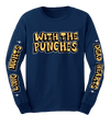 Navy blue long sleeve t-shirt with yellow text