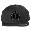 Black snapback hat with circular logo featuring