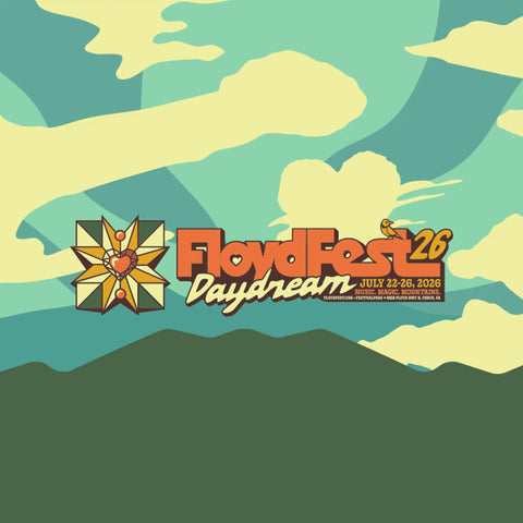 FloydFest 26 Daydream logo on a mountain and sky background illustration