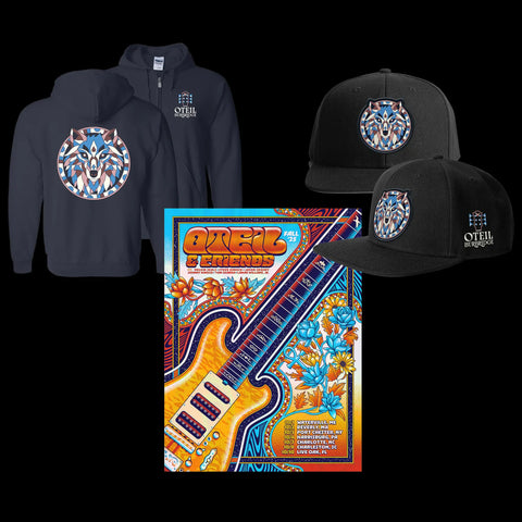 The DireWolf Hooded Sweatshirt (Front and back), DireWolf Hat front and side and Oteil & Friends Fall Tour 2025 Poster on a black background