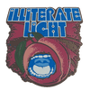 Bold blue text reading Illiterate Light above a sliced peach with a stylized open mouth inside the fruit and green leaves.