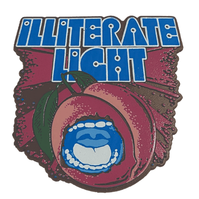 Bold blue text reading Illiterate Light above a sliced peach with a stylized open mouth inside the fruit and green leaves.