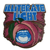 Bold blue text reading Illiterate Light above a sliced peach with an open mouth and green leaves on a textured background