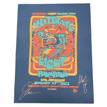Blue poster with psychedelic orange and yellow illustration of two mushroom-capped figures and bold retro text announcing an album release show