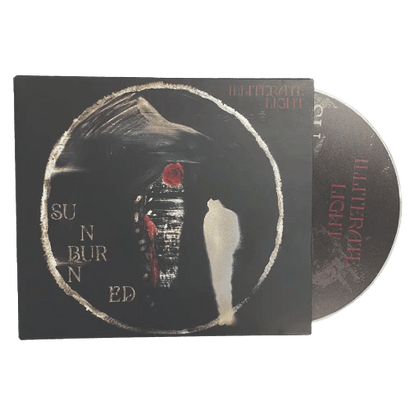 Dark album cover with abstract figure in circular frame and faded text reading Sunburned and Illiterate Light