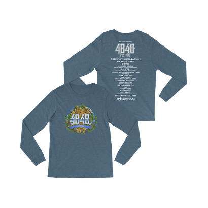 4848 Festival 2021 Blue Long-Sleeve T-Shirt with front logo print and back festival lineup printed in white