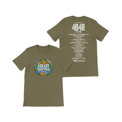 484 Festival 2021 T-Shirt with front circular logo graphic and white back print of festival info