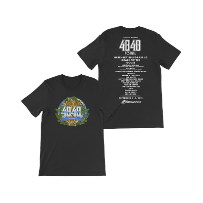 Black t-shirt with colorful 4848 Festival logo on front and event details on back, featuring lineup and date for 2021 music festival