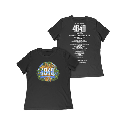 4848 Festival Circular Logo on the front of a black t-shirt with white printed festival info on the back