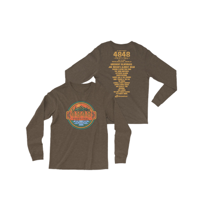 heather brown long sleeve t-shirt features the 4848 logo with a scenic mountain design and the lineup for the 2022 festival on the back