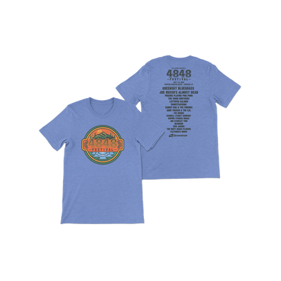 Heather Colombia Blue T-Shirt with the 4848 logo with mountain scene and 2022 event lineup on the back. 