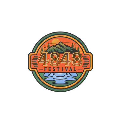 Circular diecut sticker featuring shades of Green, orange and blue create a mountain scene design with the 4848 Festival logo in the foreground.