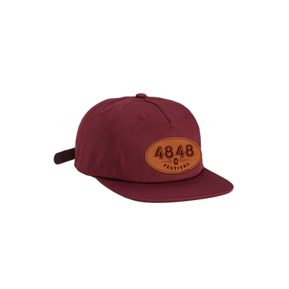 Maroon 5 Panel had with leather strap back featuring laser engaved tan/leather 4848 logo patch