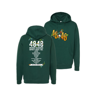 2023 4848 Festival Birdie Banjo Artwork + Festival Lineup on Back Printed On a forest green hoodie