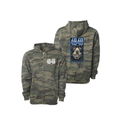 4848 Festival Camo zip hoodie with front left chest 4848 logo in white and back rectangular bear face print