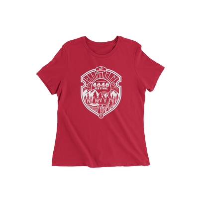 4848 Festival Badge Ladies T-Shirt in Red with White badge front print featuring a mountain scene