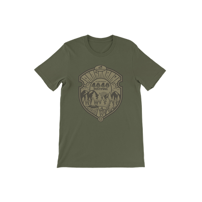 4848 Festival Snowshoe mountain badge graphic with tour dates on an army green t-shirt
