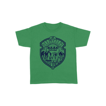 4848 Festival Youth T-shirt with a dark blue badge front print featuring a mountain scene on a kelly green t-shirt