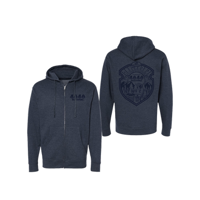 4848 Festival Zip Hoodie featuring a front left chest logo in dark blue ink, and a full back festival badge print dark blue ink, printed on a hearther charcoal zip hoodie