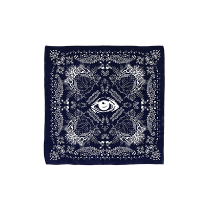 Blue bandana with white 4848 festival featuring an eye at the center of the design pattern. 