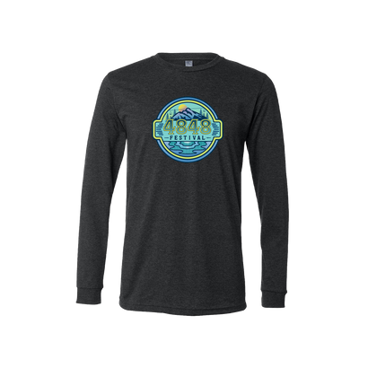 Dark Heather Grey Long-sleeve T-Shirt with Circular 4848 Festival Logo. The logo features a mountain and stream design with 4848 logotype in shades of blue and yellow. 